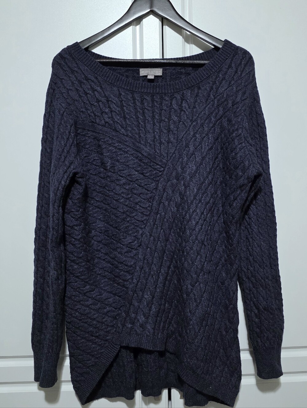 Evolution By Cyrus Heathered Dark Navy Blue HighLow Cable Knit Pull Over Sweater